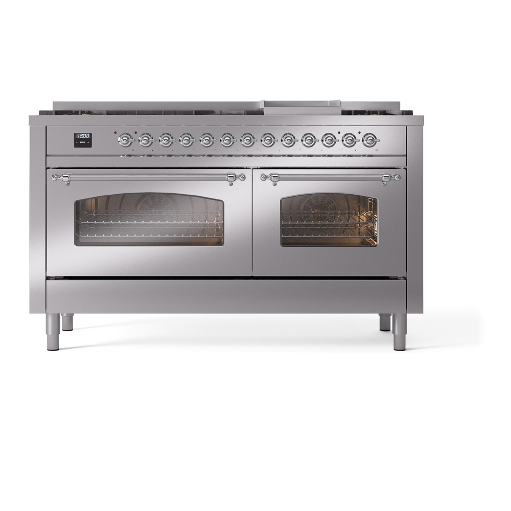 ILVE UP60FNMPSSC Nostalgie II 60 inch Dual Fuel Range with 5.8 cu. ft. Total Double Oven Capacity (9 Sealed Burners + Griddle, Natural Gas, Triple Glass Door, Stainless Steel, Chrome) 5 ILVE UP60FNMPSSC Nostalgie II 60" Dual Fuel Range, front view