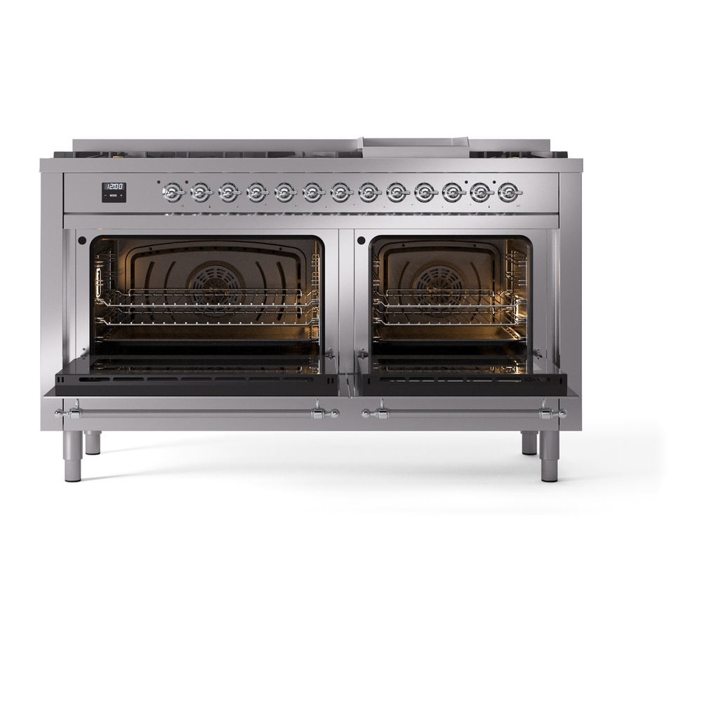 ILVE UP60FNMPSSC Nostalgie II 60 inch Dual Fuel Range with 5.8 cu. ft. Total Double Oven Capacity (9 Sealed Burners + Griddle, Natural Gas, Triple Glass Door, Stainless Steel, Chrome) 6 ILVE UP60FNMPSSC Nostalgie II 60" Dual Fuel Range, oven doors opened