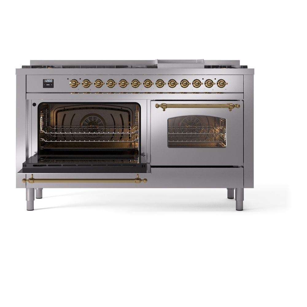 ILVE UP60FNMPSSGLP Nostalgie II 60 inch Dual Fuel Range with 5.8 cu. ft. Total Double Oven Capacity (9 Sealed Burners + Griddle, Liquid Propane, Triple Glass Door, Stainless Steel, Brass) 7 ILVE UP60FNMPSSGLP Nostalgie II 60" Dual Fuel Range, main oven door opened