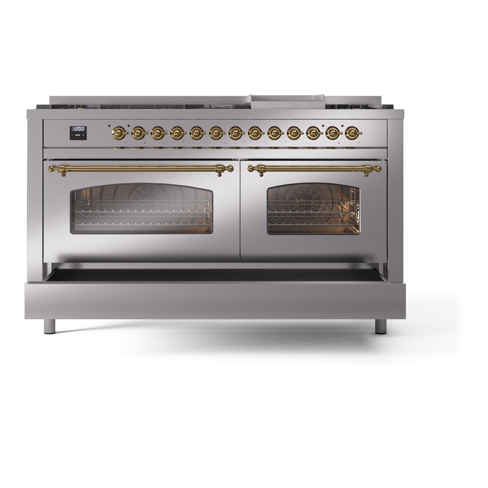 ILVE UP60FNMPSSGLP Nostalgie II 60 inch Dual Fuel Range with 5.8 cu. ft. Total Double Oven Capacity (9 Sealed Burners + Griddle, Liquid Propane, Triple Glass Door, Stainless Steel, Brass) 9 ILVE UP60FNMPSSGLP Nostalgie II 60" Dual Fuel Range, drawer opened