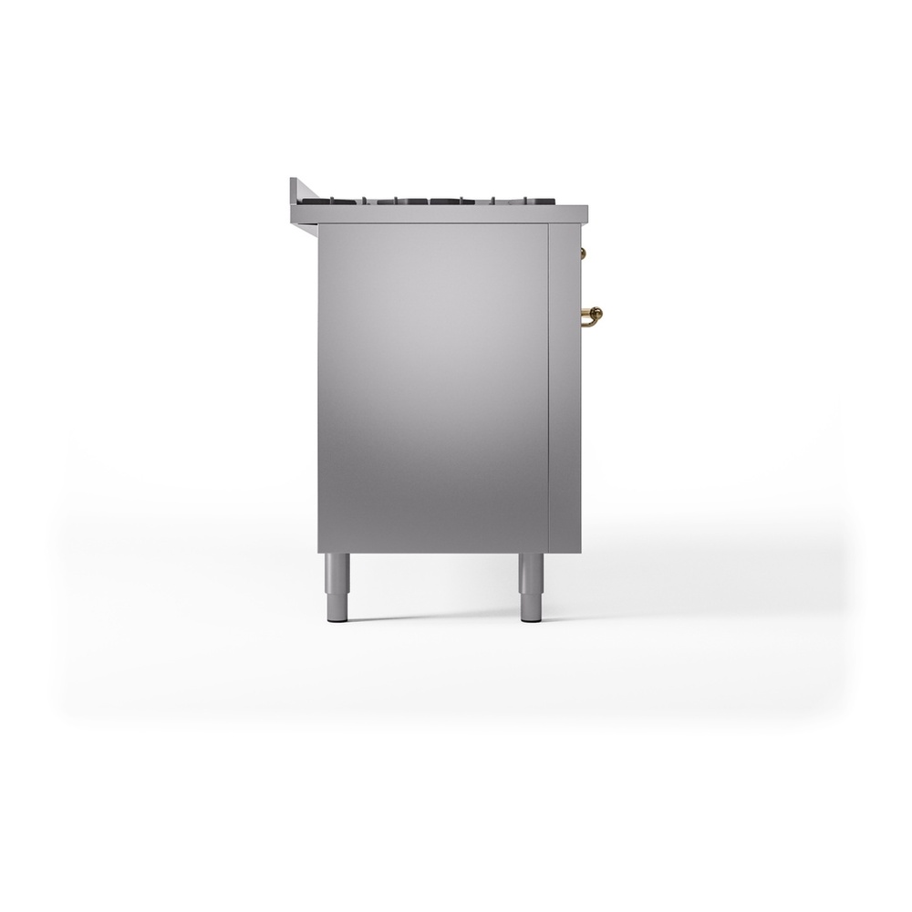 ILVE UP60FNMPSSGLP Nostalgie II 60 inch Dual Fuel Range with 5.8 cu. ft. Total Double Oven Capacity (9 Sealed Burners + Griddle, Liquid Propane, Triple Glass Door, Stainless Steel, Brass) 12 ILVE UP60FNMPSSGLP Nostalgie II 60" Dual Fuel Range, left side view