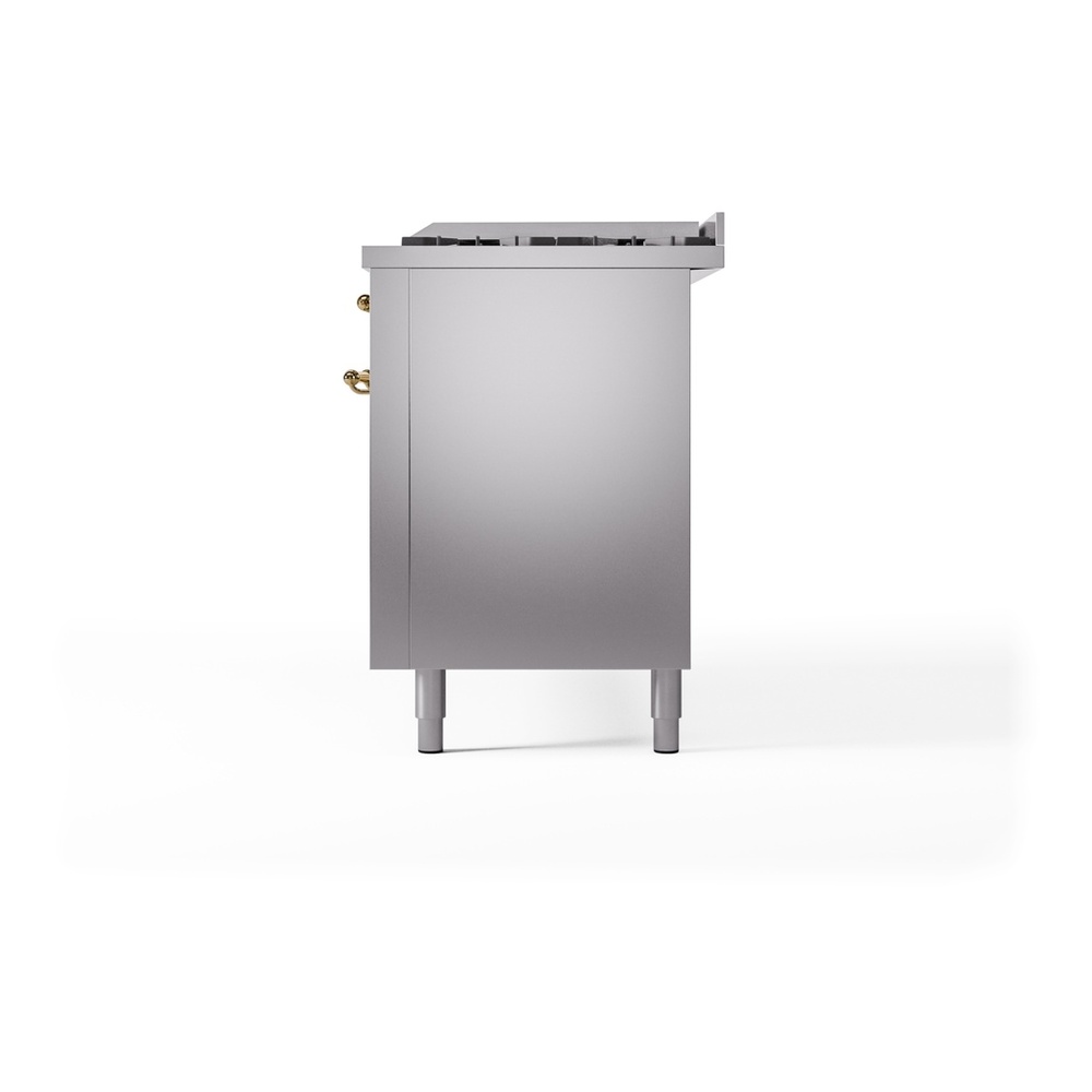 ILVE UP60FNMPSSGLP Nostalgie II 60 inch Dual Fuel Range with 5.8 cu. ft. Total Double Oven Capacity (9 Sealed Burners + Griddle, Liquid Propane, Triple Glass Door, Stainless Steel, Brass) 13 ILVE UP60FNMPSSGLP Nostalgie II 60" Dual Fuel Range, right side view