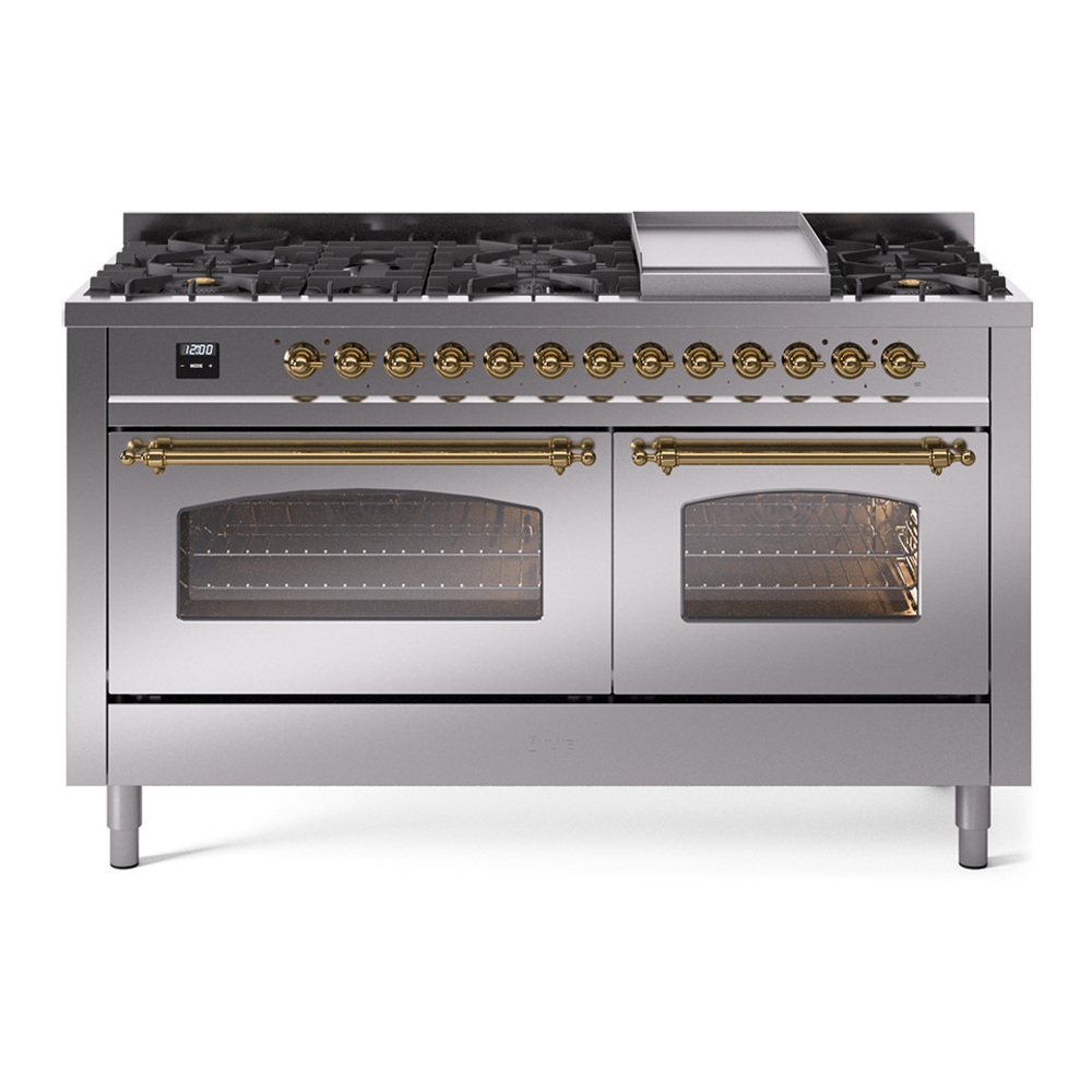 ILVE UP60FNMPSSG Nostalgie II 60 inch Dual Fuel Range with 5.8 cu. ft. Total Double Oven Capacity (9 Sealed Burners + Griddle, Natural Gas, Triple Glass Door, Stainless Steel, Brass) 1 UP60FNMPSSG