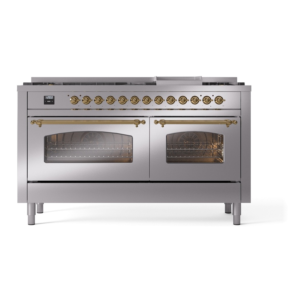 ILVE UP60FNMPSSG Nostalgie II 60 inch Dual Fuel Range with 5.8 cu. ft. Total Double Oven Capacity (9 Sealed Burners + Griddle, Natural Gas, Triple Glass Door, Stainless Steel, Brass) 5 ILVE UP60FNMPSSG Nostalgie II 60" Dual Fuel Range, front view