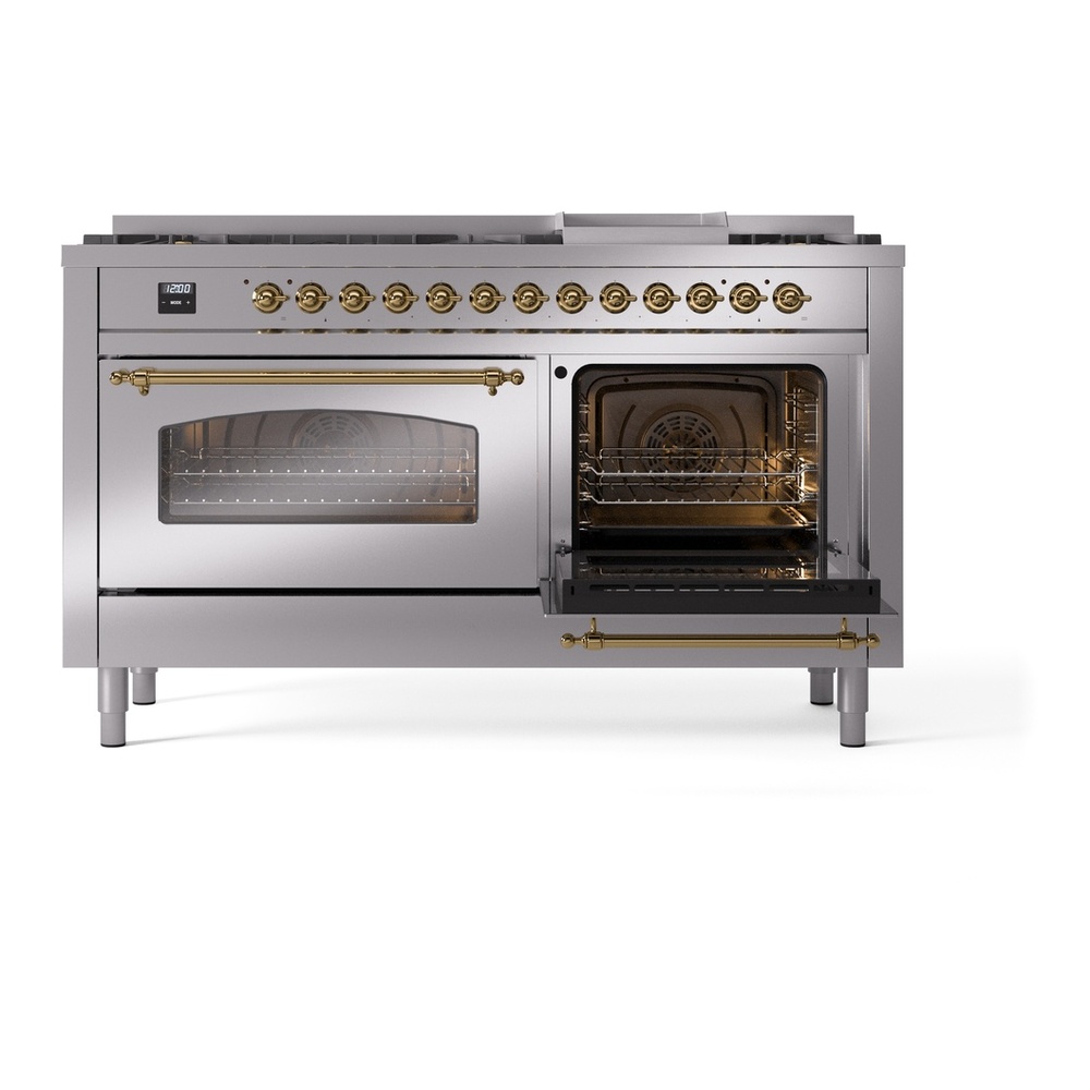 ILVE UP60FNMPSSG Nostalgie II 60 inch Dual Fuel Range with 5.8 cu. ft. Total Double Oven Capacity (9 Sealed Burners + Griddle, Natural Gas, Triple Glass Door, Stainless Steel, Brass) 8 ILVE UP60FNMPSSG Nostalgie II 60" Dual Fuel Range, side oven door opened