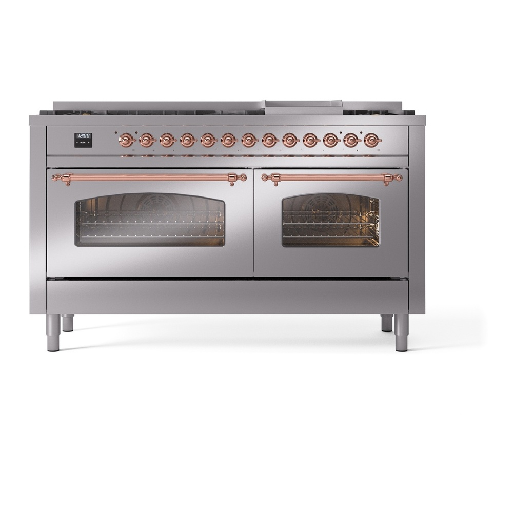 ILVE UP60FNMPSSPLP Nostalgie II 60 inch Dual Fuel Range with 5.8 cu. ft. Total Double Oven Capacity (9 Sealed Burners + Griddle, Liquid Propane, Triple Glass Door, Stainless Steel, Copper) 5 ILVE UP60FNMPSSPLP Nostalgie II 60" Dual Fuel Range, front view