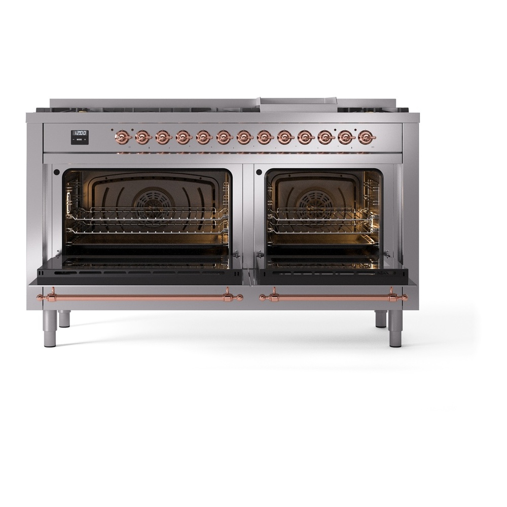 ILVE UP60FNMPSSPLP Nostalgie II 60 inch Dual Fuel Range with 5.8 cu. ft. Total Double Oven Capacity (9 Sealed Burners + Griddle, Liquid Propane, Triple Glass Door, Stainless Steel, Copper) 6 ILVE UP60FNMPSSPLP Nostalgie II 60" Dual Fuel Range, oven doors opened
