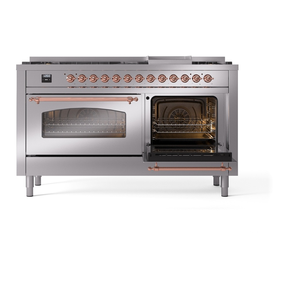 ILVE UP60FNMPSSPLP Nostalgie II 60 inch Dual Fuel Range with 5.8 cu. ft. Total Double Oven Capacity (9 Sealed Burners + Griddle, Liquid Propane, Triple Glass Door, Stainless Steel, Copper) 8 ILVE UP60FNMPSSPLP Nostalgie II 60" Dual Fuel Range, side oven door opened