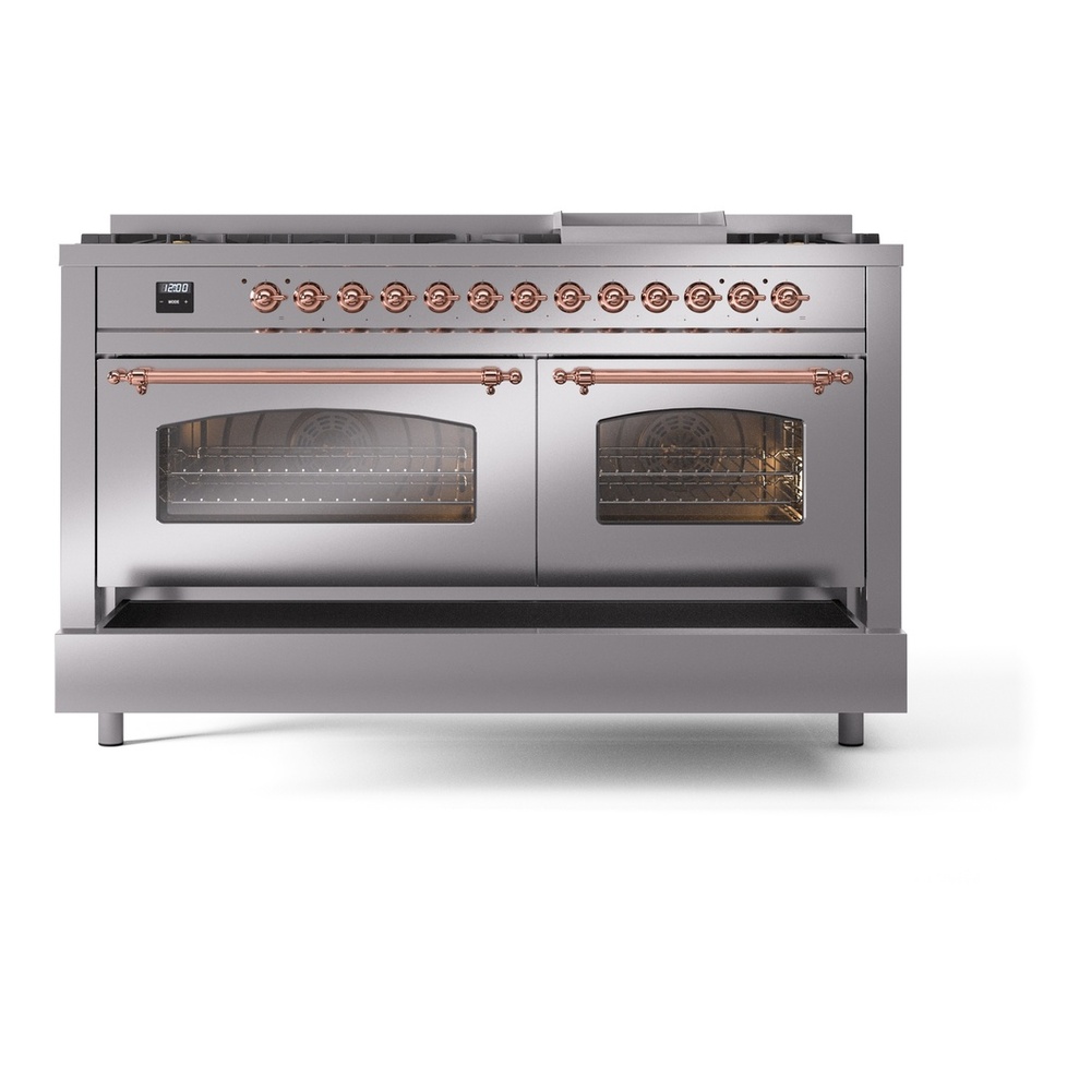 ILVE UP60FNMPSSPLP Nostalgie II 60 inch Dual Fuel Range with 5.8 cu. ft. Total Double Oven Capacity (9 Sealed Burners + Griddle, Liquid Propane, Triple Glass Door, Stainless Steel, Copper) 9 ILVE UP60FNMPSSPLP Nostalgie II 60" Dual Fuel Range, drawer opened