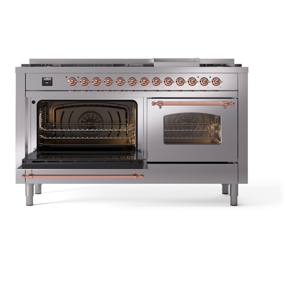 ILVE UP60FNMPSSP Nostalgie II 60 inch Dual Fuel Range with 5.8 cu. ft. Total Double Oven Capacity (9 Sealed Burners + Griddle, Natural Gas, Triple Glass Door, Stainless Steel, Copper) 7 ILVE UP60FNMPSSP Nostalgie II 60" Dual Fuel Range, main oven door opened