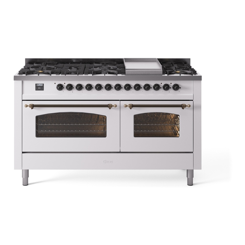 ILVE UP60FNMPWHBLP Nostalgie II 60 inch Dual Fuel Range with 5.8 cu. ft. Total Double Oven Capacity (9 Sealed Burners + Griddle, Liquid Propane, Triple Glass Door, White, Burnished) 1 UP60FNMPWHBLP