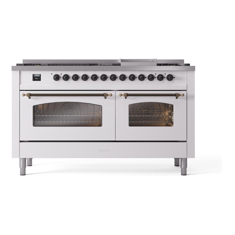 ILVE UP60FNMPWHBLP Nostalgie II 60 inch Dual Fuel Range with 5.8 cu. ft. Total Double Oven Capacity (9 Sealed Burners + Griddle, Liquid Propane, Triple Glass Door, White, Burnished) 5 ILVE UP60FNMPWHBLP Nostalgie II 60" Dual Fuel Range, front view