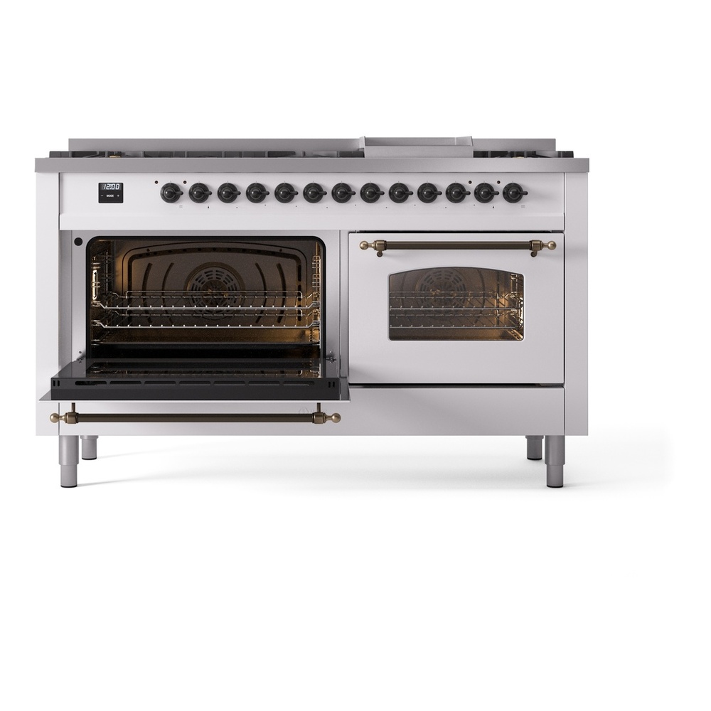 ILVE UP60FNMPWHBLP Nostalgie II 60 inch Dual Fuel Range with 5.8 cu. ft. Total Double Oven Capacity (9 Sealed Burners + Griddle, Liquid Propane, Triple Glass Door, White, Burnished) 7 ILVE UP60FNMPWHBLP Nostalgie II 60" Dual Fuel Range, main oven door opened