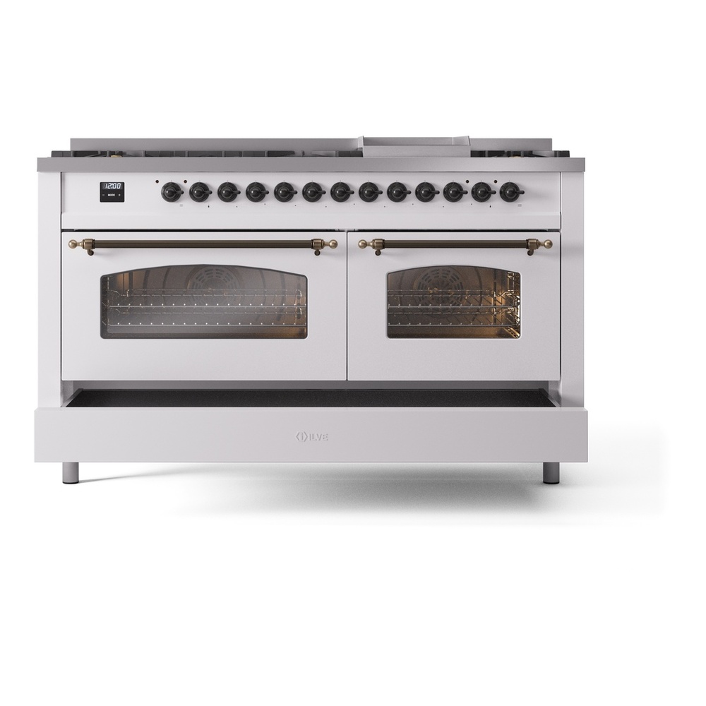 ILVE UP60FNMPWHB Nostalgie II 60 inch Dual Fuel Range with 5.8 cu. ft. Total Double Oven Capacity (9 Sealed Burners + Griddle, Natural Gas, Triple Glass Door, White, Burnished) 9 ILVE UP60FNMPWHB Nostalgie II 60" Dual Fuel Range, drawer opened