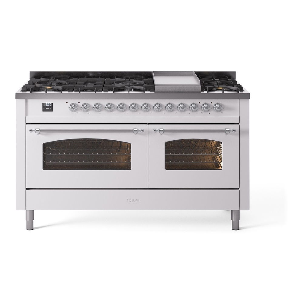 ILVE UP60FNMPWHCLP Nostalgie II 60 inch Dual Fuel Range with 5.8 cu. ft. Total Double Oven Capacity (9 Sealed Burners + Griddle, Liquid Propane, Triple Glass Door, White, Chrome) 1 UP60FNMPWHCLP
