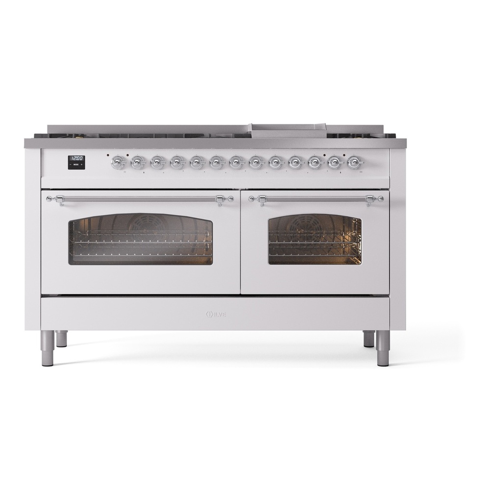 ILVE UP60FNMPWHCLP Nostalgie II 60 inch Dual Fuel Range with 5.8 cu. ft. Total Double Oven Capacity (9 Sealed Burners + Griddle, Liquid Propane, Triple Glass Door, White, Chrome) 5 ILVE UP60FNMPWHCLP Nostalgie II 60" Dual Fuel Range, front view