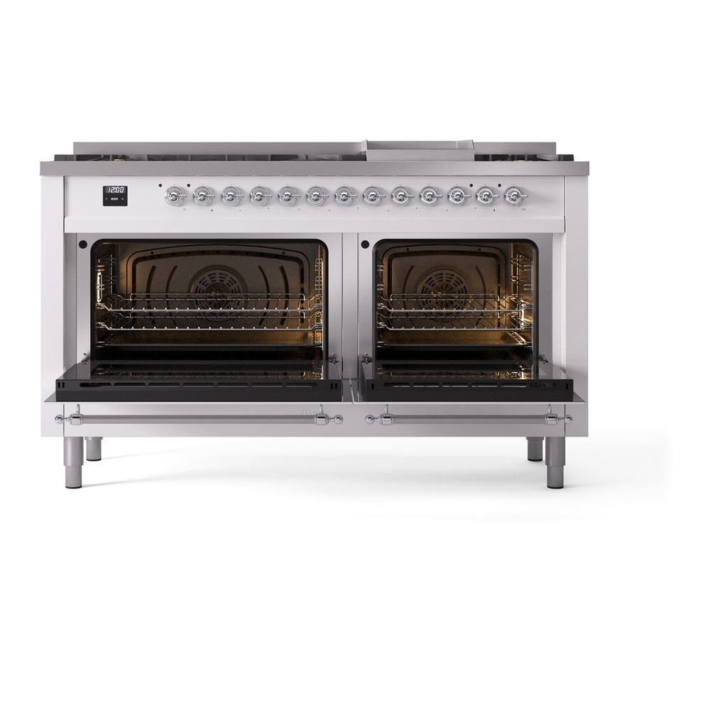 ILVE UP60FNMPWHCLP Nostalgie II 60 inch Dual Fuel Range with 5.8 cu. ft. Total Double Oven Capacity (9 Sealed Burners + Griddle, Liquid Propane, Triple Glass Door, White, Chrome) 6 ILVE UP60FNMPWHCLP Nostalgie II 60" Dual Fuel Range, oven doors view