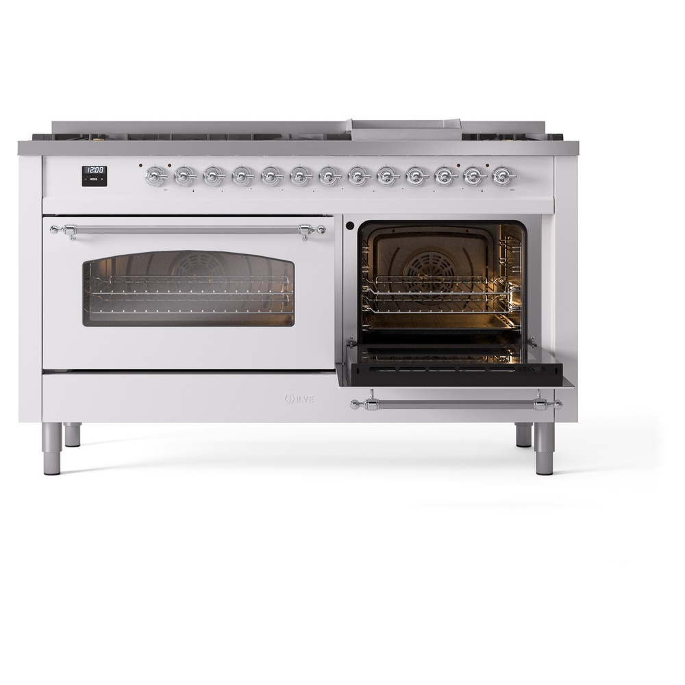 ILVE UP60FNMPWHCLP Nostalgie II 60" Dual Fuel Range, side oven door opened