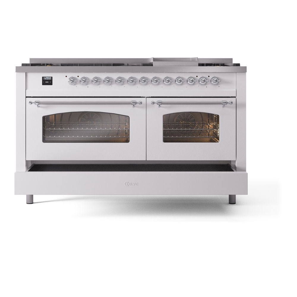 ILVE UP60FNMPWHCLP Nostalgie II 60 inch Dual Fuel Range with 5.8 cu. ft. Total Double Oven Capacity (9 Sealed Burners + Griddle, Liquid Propane, Triple Glass Door, White, Chrome) 9 ILVE UP60FNMPWHCLP Nostalgie II 60" Dual Fuel Range, drawer opened