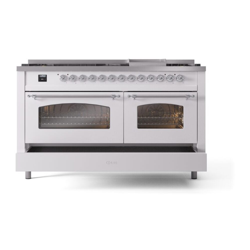 ILVE UP60FNMPWHCLP Nostalgie II 60" Dual Fuel Range, drawer opened
