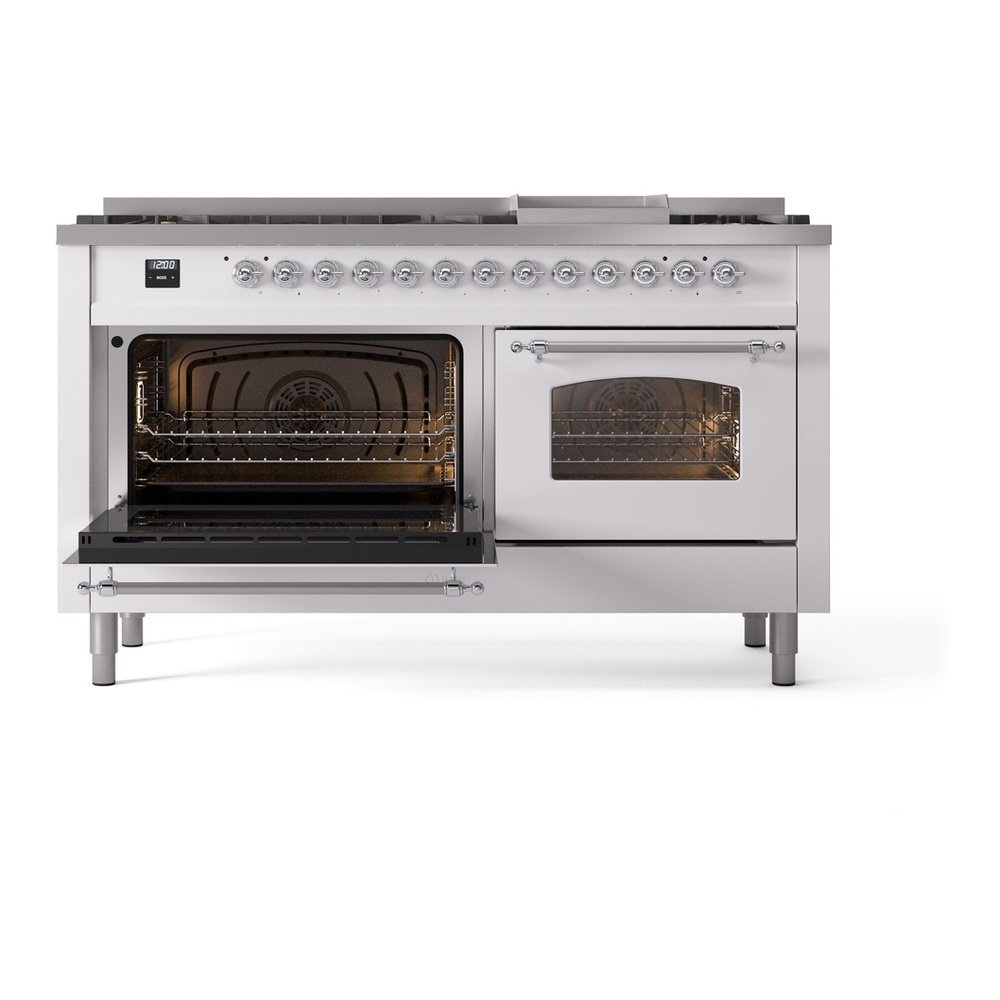 ILVE UP60FNMPWHC Nostalgie II 60 inch Dual Fuel Range with 5.8 cu. ft. Total Double Oven Capacity (9 Sealed Burners + Griddle, Natural Gas, Triple Glass Door, White, Chrome) 7 ILVE UP60FNMPWHC Nostalgie II 60" Dual Fuel Range, main oven door opened