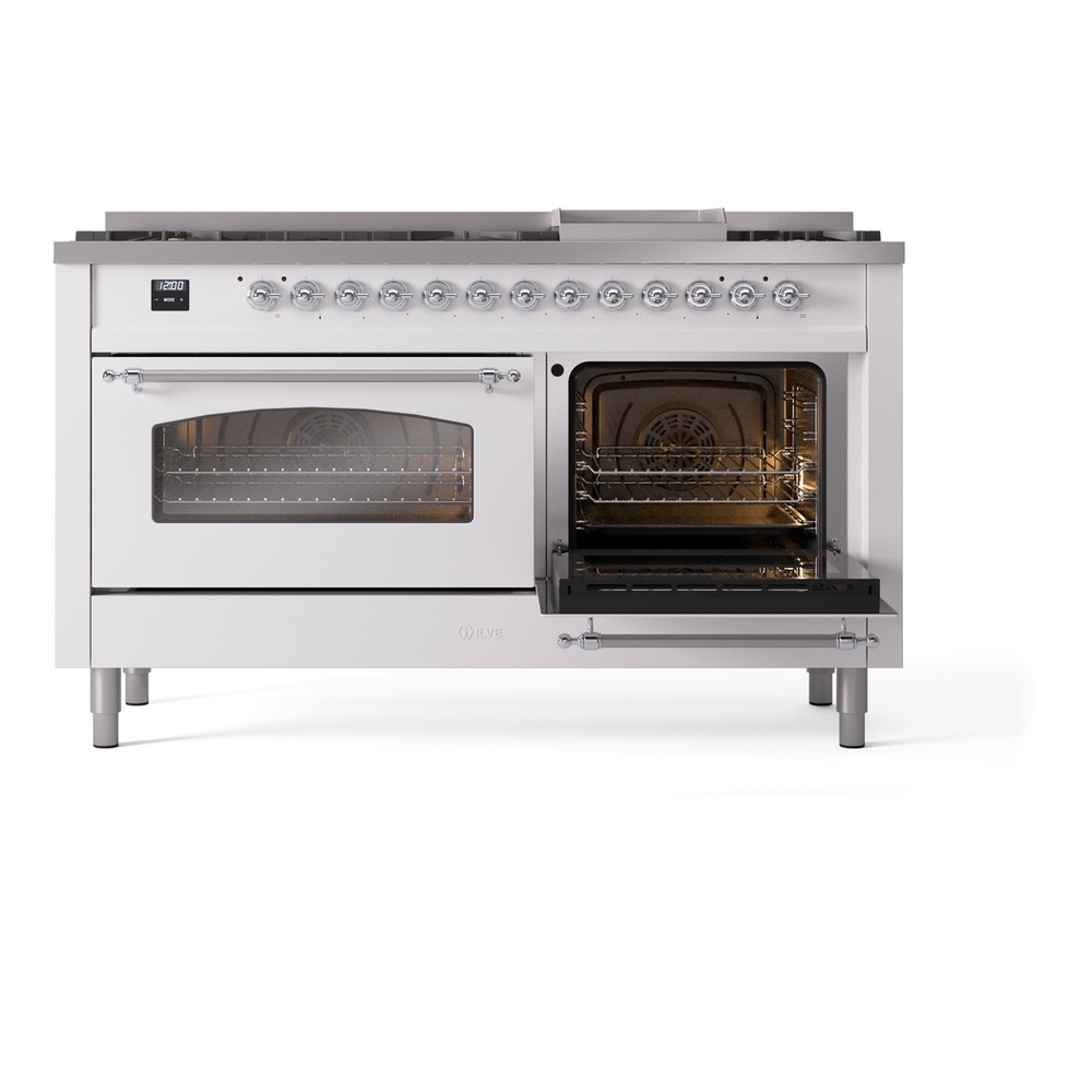 ILVE UP60FNMPWHC Nostalgie II 60 inch Dual Fuel Range with 5.8 cu. ft. Total Double Oven Capacity (9 Sealed Burners + Griddle, Natural Gas, Triple Glass Door, White, Chrome) 8 ILVE UP60FNMPWHC Nostalgie II 60" Dual Fuel Range, side oven door opened