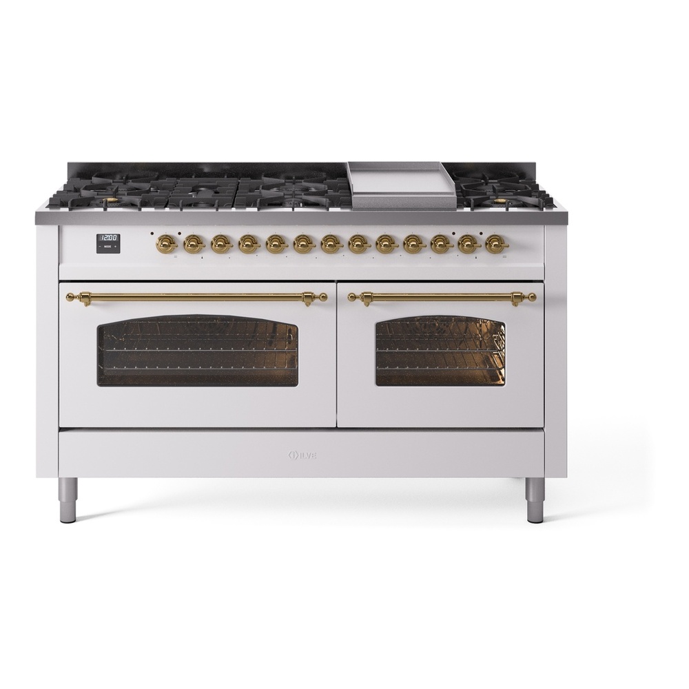 ILVE UP60FNMPWHG Nostalgie II 60 inch Dual Fuel Range with 5.8 cu. ft. Total Double Oven Capacity (9 Sealed Burners + Griddle, Natural Gas, Triple Glass Door, White, Brass) 1 UP60FNMPWHG