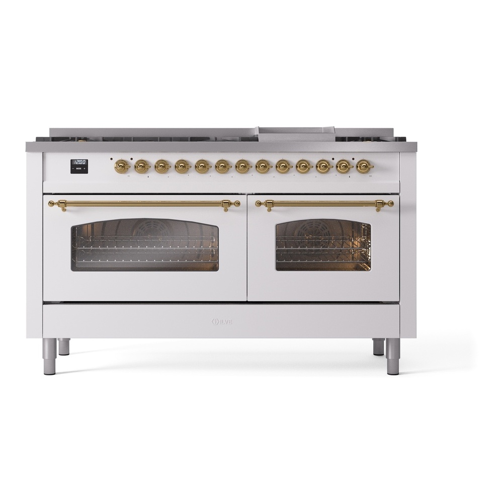 ILVE UP60FNMPWHG Nostalgie II 60 inch Dual Fuel Range with 5.8 cu. ft. Total Double Oven Capacity (9 Sealed Burners + Griddle, Natural Gas, Triple Glass Door, White, Brass) 5 ILVE UP60FNMPWHG Nostalgie II 60" Dual Fuel Range, front view