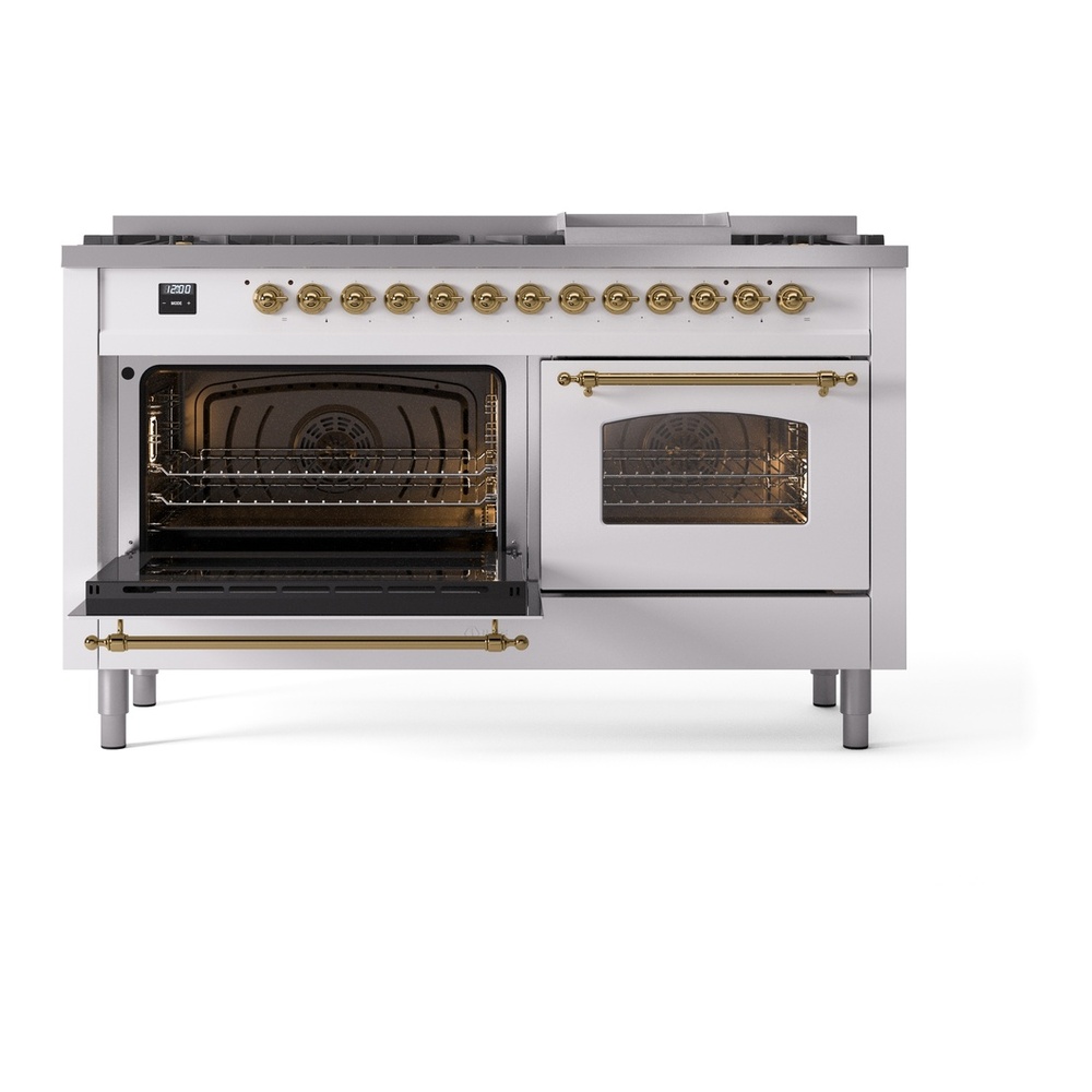 ILVE UP60FNMPWHG Nostalgie II 60 inch Dual Fuel Range with 5.8 cu. ft. Total Double Oven Capacity (9 Sealed Burners + Griddle, Natural Gas, Triple Glass Door, White, Brass) 7 ILVE UP60FNMPWHG Nostalgie II 60" Dual Fuel Range, main oven door opened