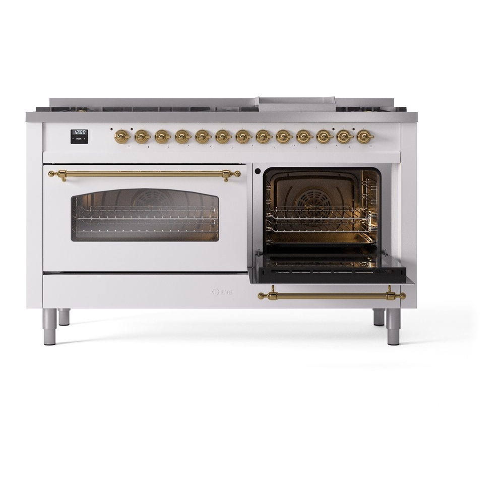 ILVE UP60FNMPWHG Nostalgie II 60 inch Dual Fuel Range with 5.8 cu. ft. Total Double Oven Capacity (9 Sealed Burners + Griddle, Natural Gas, Triple Glass Door, White, Brass) 8 ILVE UP60FNMPWHG Nostalgie II 60" Dual Fuel Range, side oven door opened