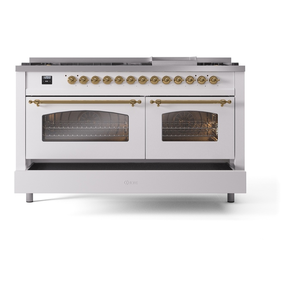 ILVE UP60FNMPWHG Nostalgie II 60 inch Dual Fuel Range with 5.8 cu. ft. Total Double Oven Capacity (9 Sealed Burners + Griddle, Natural Gas, Triple Glass Door, White, Brass) 9 ILVE UP60FNMPWHG Nostalgie II 60" Dual Fuel Range, drawer opened