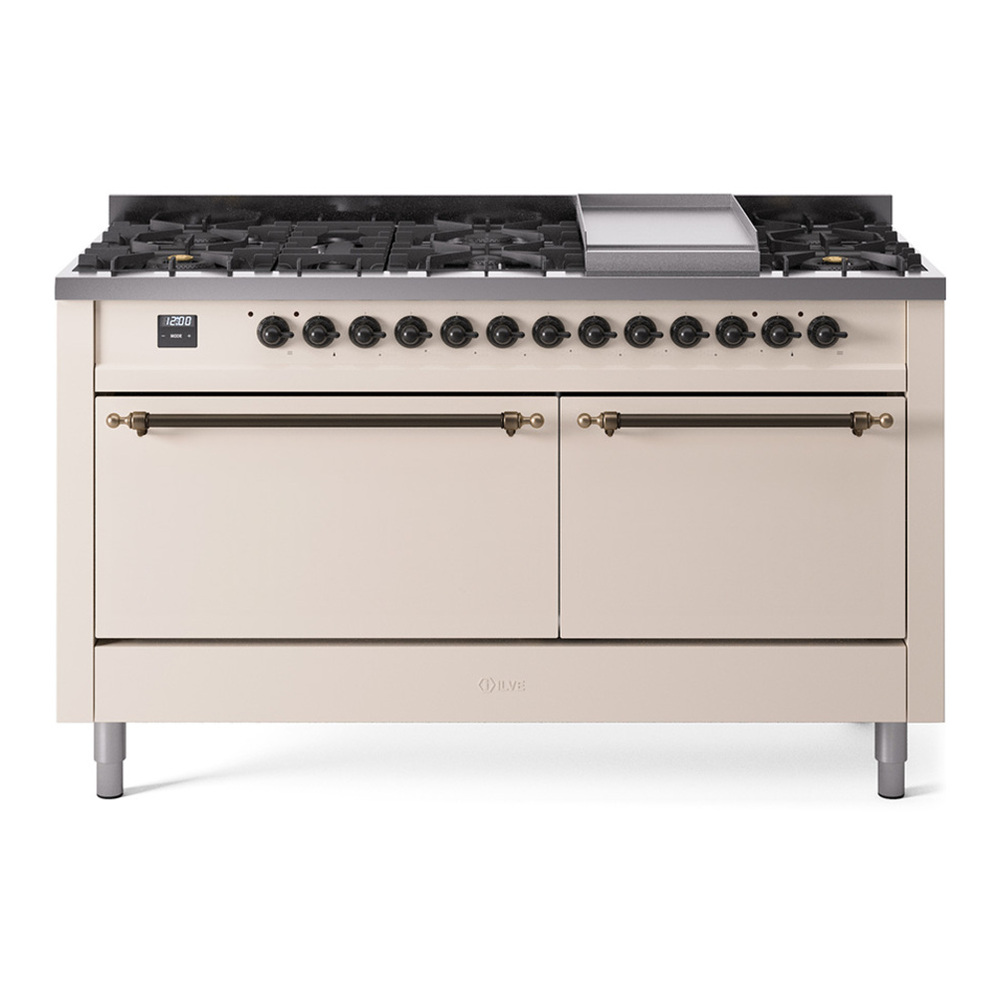 ILVE UP60FQNMPAWB Nostalgie II 60 inch Dual Fuel Range with 5.8 cu. ft. Total Double Oven Capacity (9 Sealed Burners + Griddle, Natural Gas, Solid Door, Antique White, Burnished)