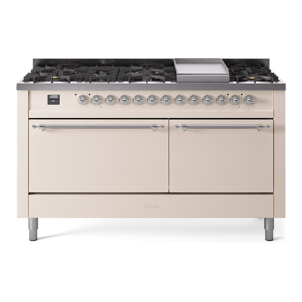 ILVE UP60FQNMPAWC Nostalgie II 60 inch Dual Fuel Range with 5.8 cu. ft. Total Double Oven Capacity (9 Sealed Burners + Griddle, Natural Gas, Solid Door, Antique White, Chrome)