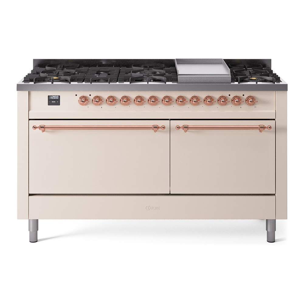 ILVE UP60FQNMPAWPLP Nostalgie II 60 inch Dual Fuel Range with 5.8 cu. ft. Total Double Oven Capacity (9 Sealed Burners + Griddle, Liquid Propane, Solid Door, Antique White, Copper)