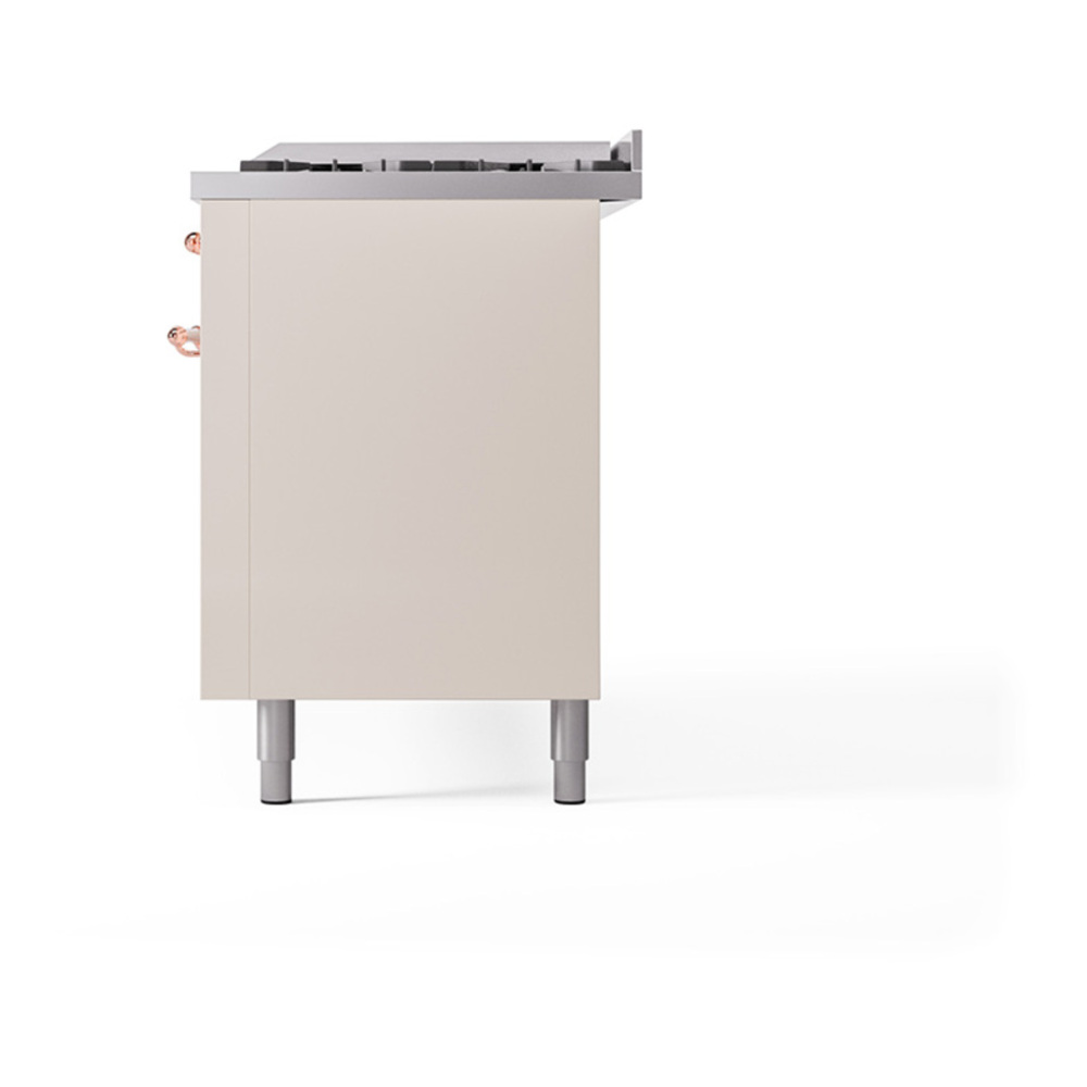 ILVE UP60FQNMPAWPLP Nostalgie II 60 inch Dual Fuel Range with 5.8 cu. ft. Total Double Oven Capacity (9 Sealed Burners + Griddle, Liquid Propane, Solid Door, Antique White, Copper) 8 ILVE_UP60FQNMPAWPLP_Nostalgie_II_Dual_Fuel_Range_Right_Angle