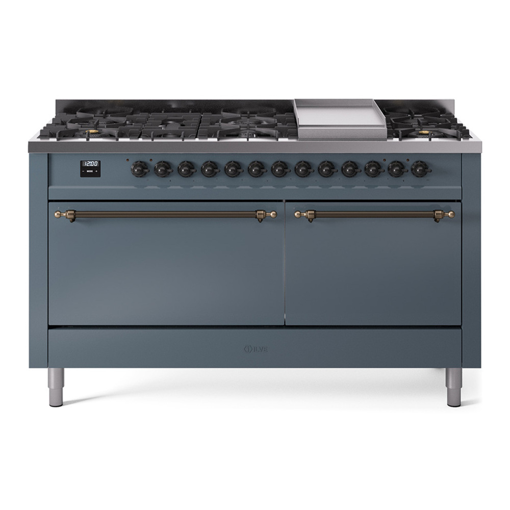 ILVE UP60FQNMPBGBLP Nostalgie II 60 inch Dual Fuel Range with 5.8 cu. ft. Total Double Oven Capacity (9 Sealed Burners + Griddle, Liquid Propane, Solid Door, Blue Grey, Burnished)