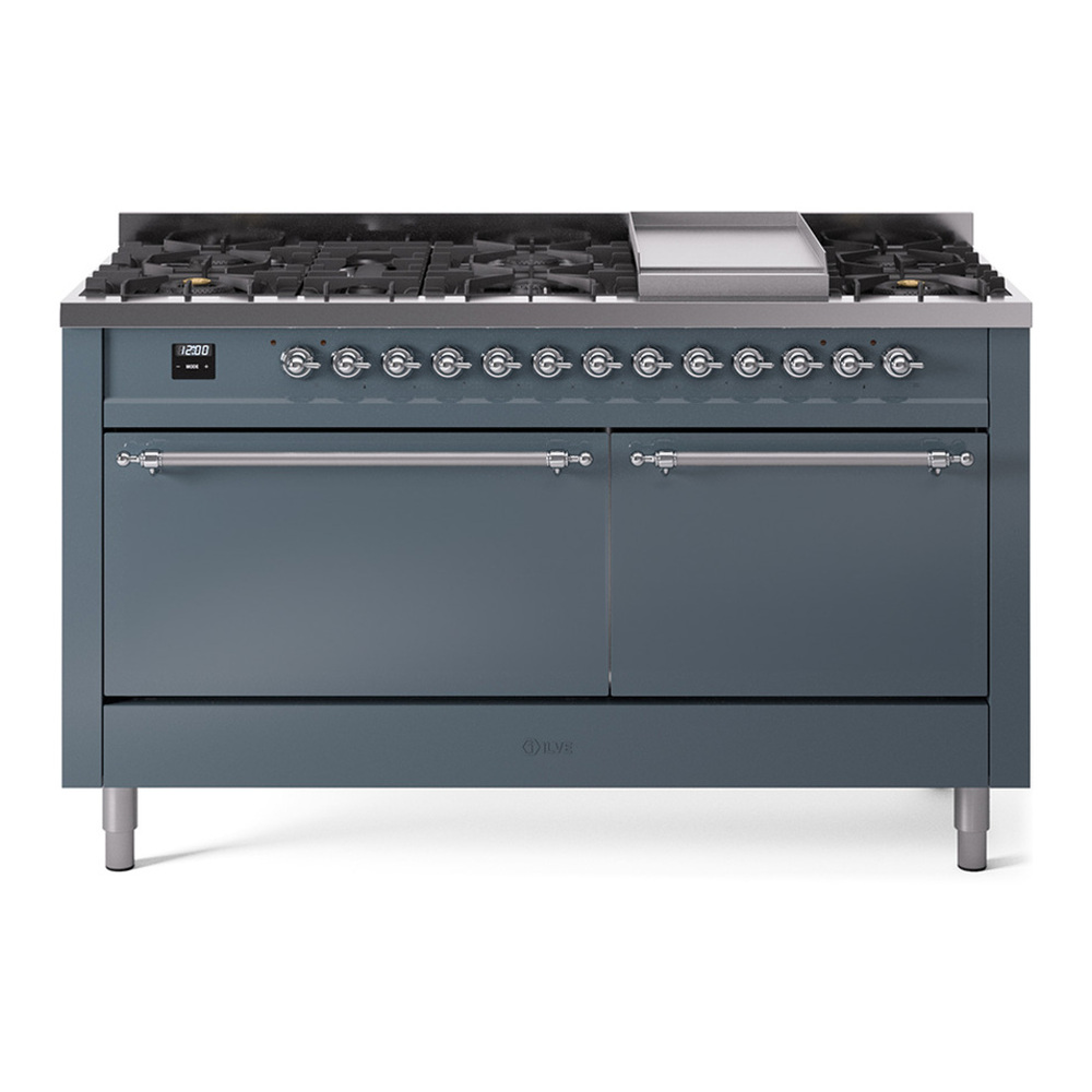 ILVE UP60FQNMPBGC Nostalgie II 60 inch Dual Fuel Range with 5.8 cu. ft. Total Double Oven Capacity (9 Sealed Burners + Griddle, Natural Gas, Solid Door, Blue Grey, Chrome)