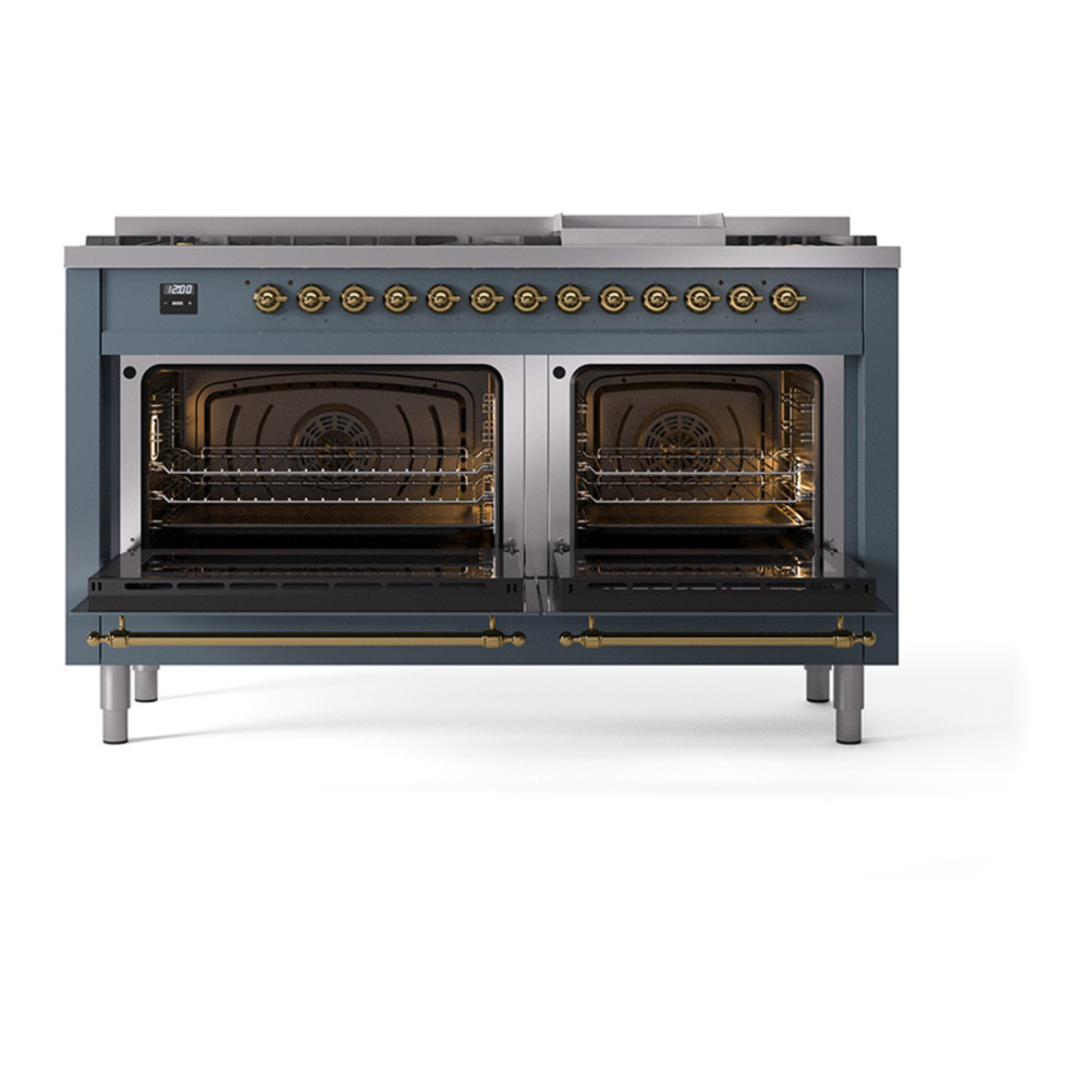 ILVE UP60FQNMPBGGLP Nostalgie II 60 inch Dual Fuel Range with 5.8 cu. ft. Total Double Oven Capacity (9 Sealed Burners + Griddle, Liquid Propane, Solid Door, Blue Grey, Brass) 5 ILVE_UP60FQNMPBGGLP_Nostalgie_II_Dual_Fuel_Range_oven_door_opened