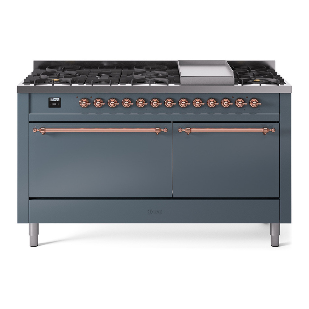 ILVE UP60FQNMPBGP Nostalgie II 60 inch Dual Fuel Range with 5.8 cu. ft. Total Double Oven Capacity (9 Sealed Burners + Griddle, Natural Gas, Solid Door, Blue Grey, Copper)