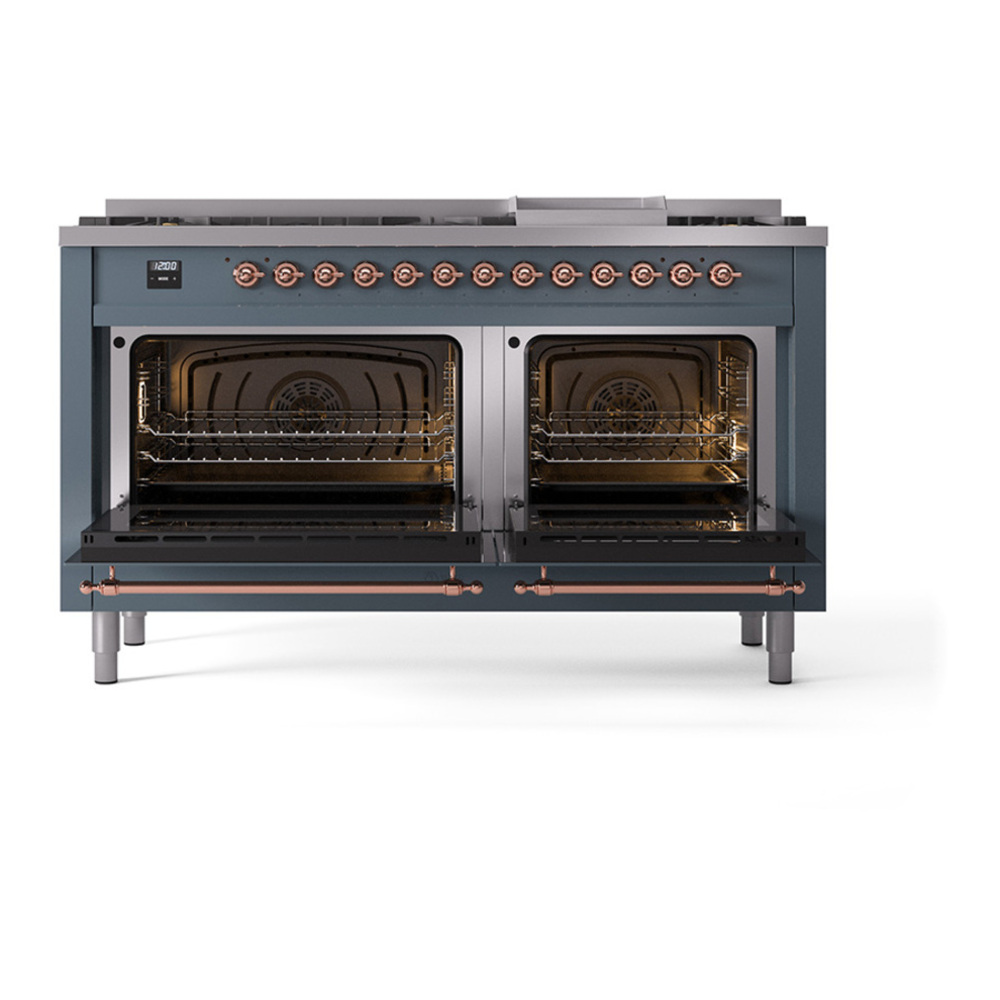 ILVE UP60FQNMPBGP Nostalgie II 60 inch Dual Fuel Range with 5.8 cu. ft. Total Double Oven Capacity (9 Sealed Burners + Griddle, Natural Gas, Solid Door, Blue Grey, Copper) 5 ILVE_UP60FQNMPBGP_Nostalgie_II_Dual_Fuel_Range_oven_door_opened