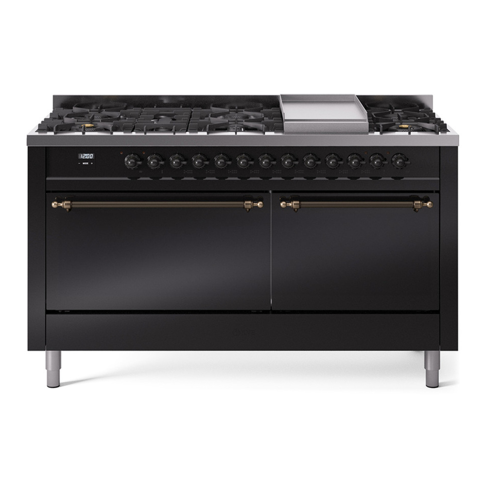 ILVE UP60FQNMPBKB Nostalgie II 60 inch Dual Fuel Range with 5.8 cu. ft. Total Double Oven Capacity (9 Sealed Burners + Griddle, Natural Gas, Solid Door, Glossy Black, Burnished)