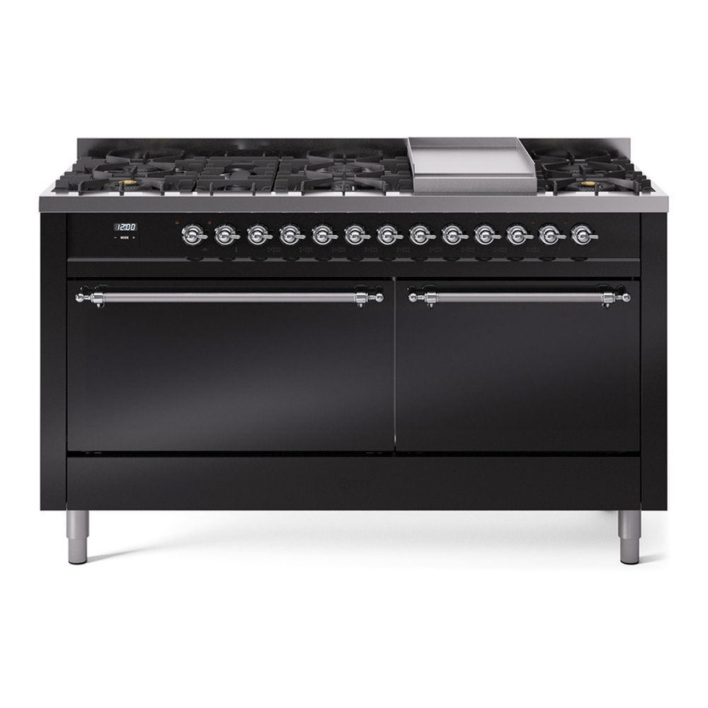ILVE UP60FQNMPBKCLP Nostalgie II 60 inch Dual Fuel Range with 5.8 cu. ft. Total Double Oven Capacity (9 Sealed Burners + Griddle, Liquid Propane, Solid Door, Glossy Black, Chrome)