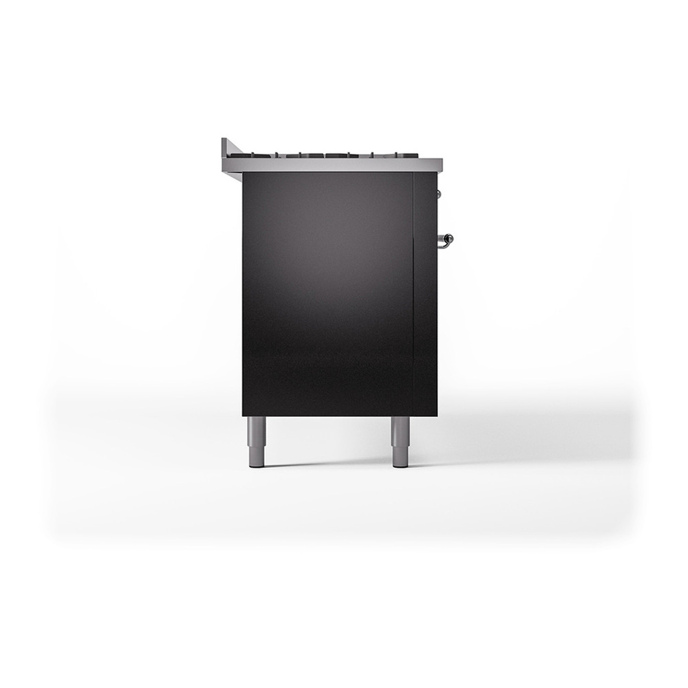 ILVE UP60FQNMPBKCLP Nostalgie II 60 inch Dual Fuel Range with 5.8 cu. ft. Total Double Oven Capacity (9 Sealed Burners + Griddle, Liquid Propane, Solid Door, Glossy Black, Chrome) 7 ILVE_UP60FQNMPBKCLP_Nostalgie_II_Dual_Fuel_Range_Left_Angle