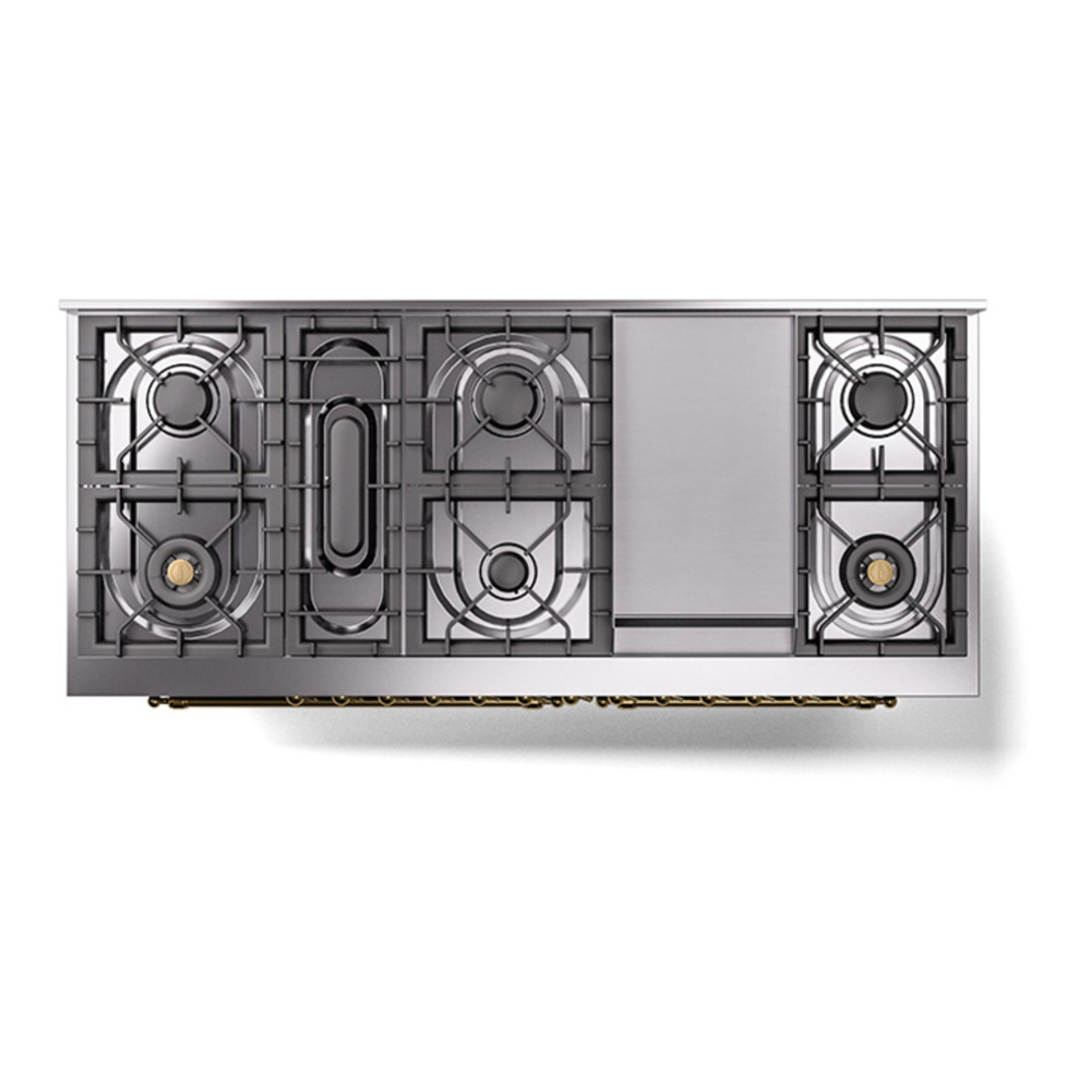 ILVE UP60FQNMPBKGLP Nostalgie II 60 inch Dual Fuel Range with 5.8 cu. ft. Total Double Oven Capacity (9 Sealed Burners + Griddle, Liquid Propane, Solid Door, Glossy Black, Brass) 5 ILVE_UP60FQNMPBKGLP_Nostalgie_II_Dual_Fuel_Range_top_view