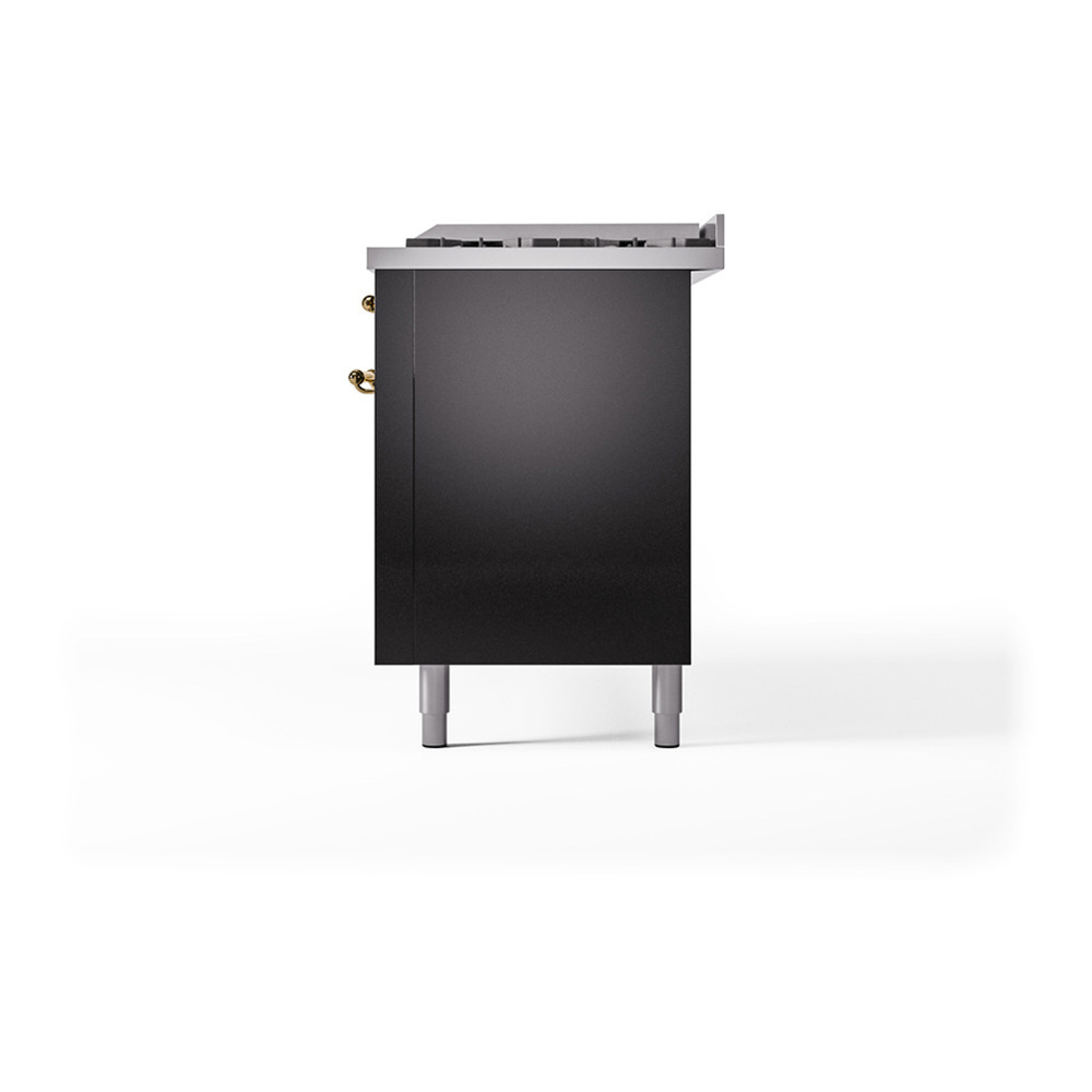 ILVE UP60FQNMPBKGLP Nostalgie II 60 inch Dual Fuel Range with 5.8 cu. ft. Total Double Oven Capacity (9 Sealed Burners + Griddle, Liquid Propane, Solid Door, Glossy Black, Brass) 7 ILVE_UP60FQNMPBKGLP_Nostalgie_II_Dual_Fuel_Range_Right_Angle