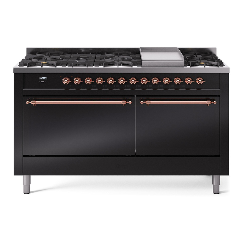 ILVE UP60FQNMPBKPLP Nostalgie II 60 inch Dual Fuel Range with 5.8 cu. ft. Total Double Oven Capacity (9 Sealed Burners + Griddle, Liquid Propane, Solid Door, Glossy Black, Copper) 1 UP60FQNMPBKPLP