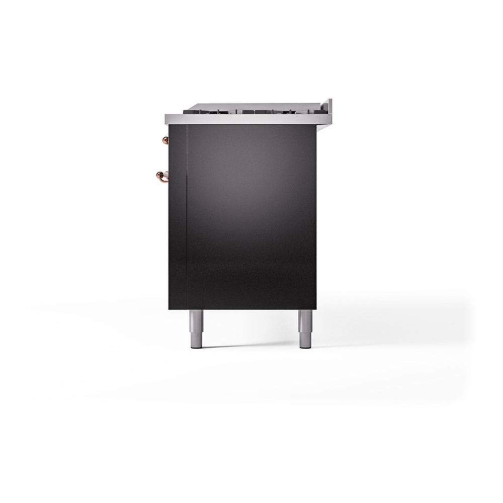 ILVE UP60FQNMPBKPLP Nostalgie II 60 inch Dual Fuel Range with 5.8 cu. ft. Total Double Oven Capacity (9 Sealed Burners + Griddle, Liquid Propane, Solid Door, Glossy Black, Copper) 8 ILVE_UP60FQNMPBKPLP_Nostalgie_II_Dual_Fuel_Range_Right_Angle