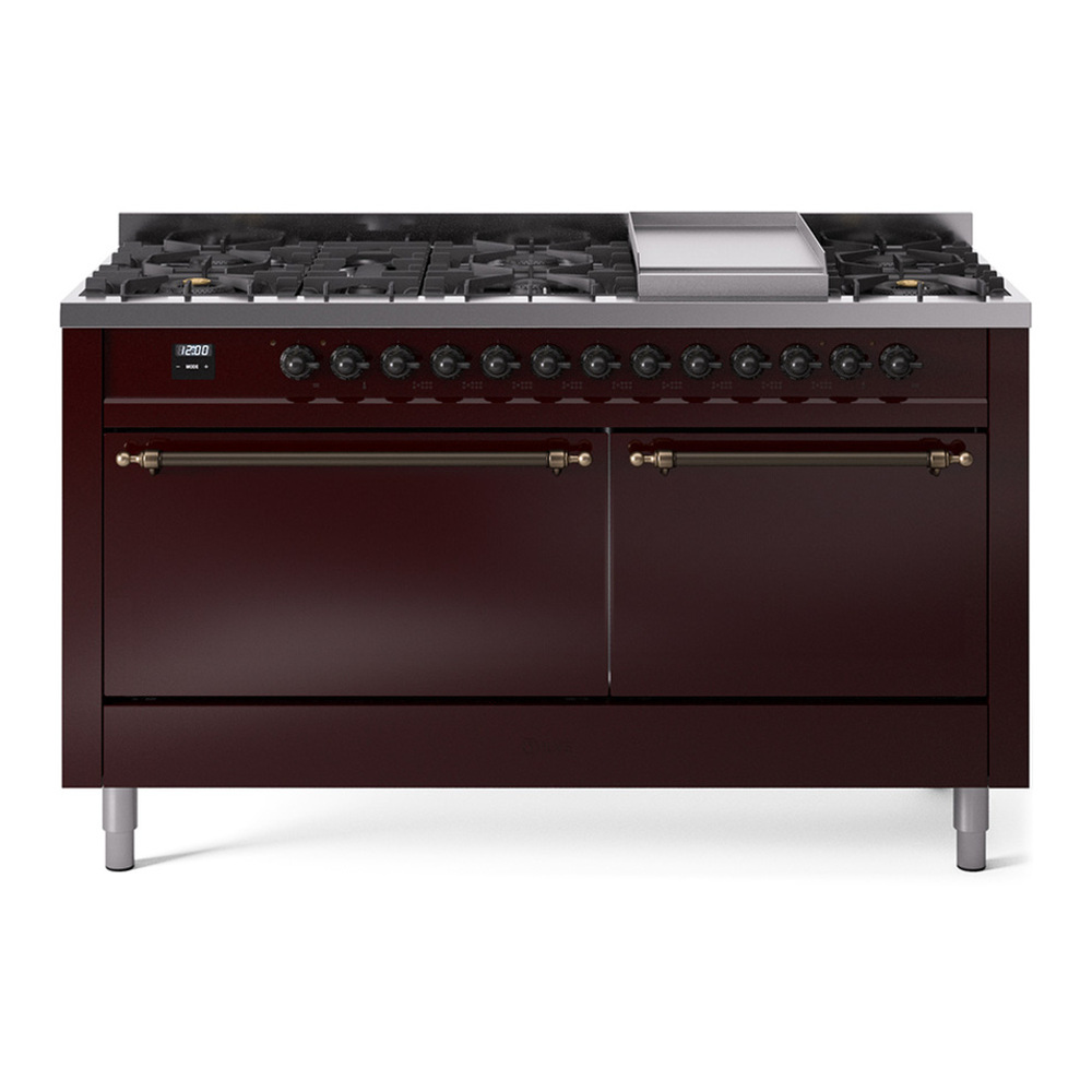 ILVE UP60FQNMPBUBLP Nostalgie II 60 inch Dual Fuel Range with 5.8 cu. ft. Total Double Oven Capacity (9 Sealed Burners + Griddle, Liquid Propane, Solid Door, Burgundy, Burnished) 1 UP60FQNMPBUBLP