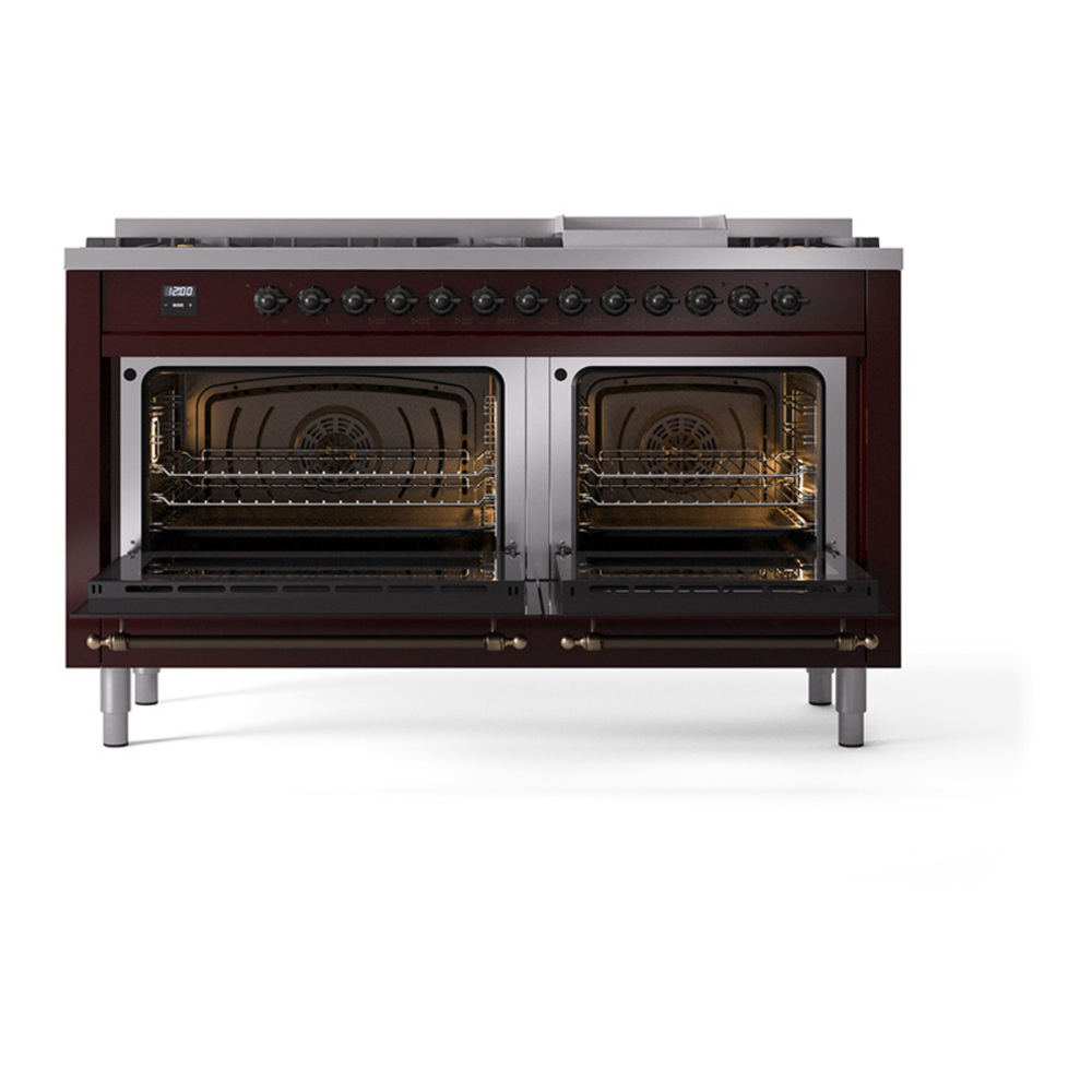ILVE UP60FQNMPBUBLP Nostalgie II 60 inch Dual Fuel Range with 5.8 cu. ft. Total Double Oven Capacity (9 Sealed Burners + Griddle, Liquid Propane, Solid Door, Burgundy, Burnished) 5 ILVE_UP60FQNMPBUBLP_Nostalgie_II_Dual_Fuel_Range_oven_door_opened