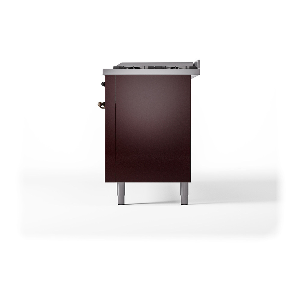 ILVE UP60FQNMPBUB Nostalgie II 60 inch Dual Fuel Range with 5.8 cu. ft. Total Double Oven Capacity (9 Sealed Burners + Griddle, Natural Gas, Solid Door, Burgundy, Burnished) 8 ILVE_UP60FQNMPBUB_Nostalgie_II_Dual_Fuel_Range_Right_Angle